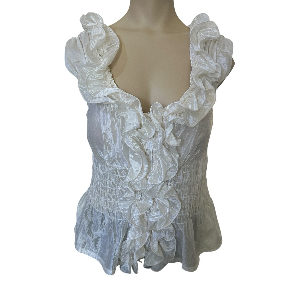Arden B Top Blouse Women's Small Ruffled Front Cream Satin Classic Stylish Crisp